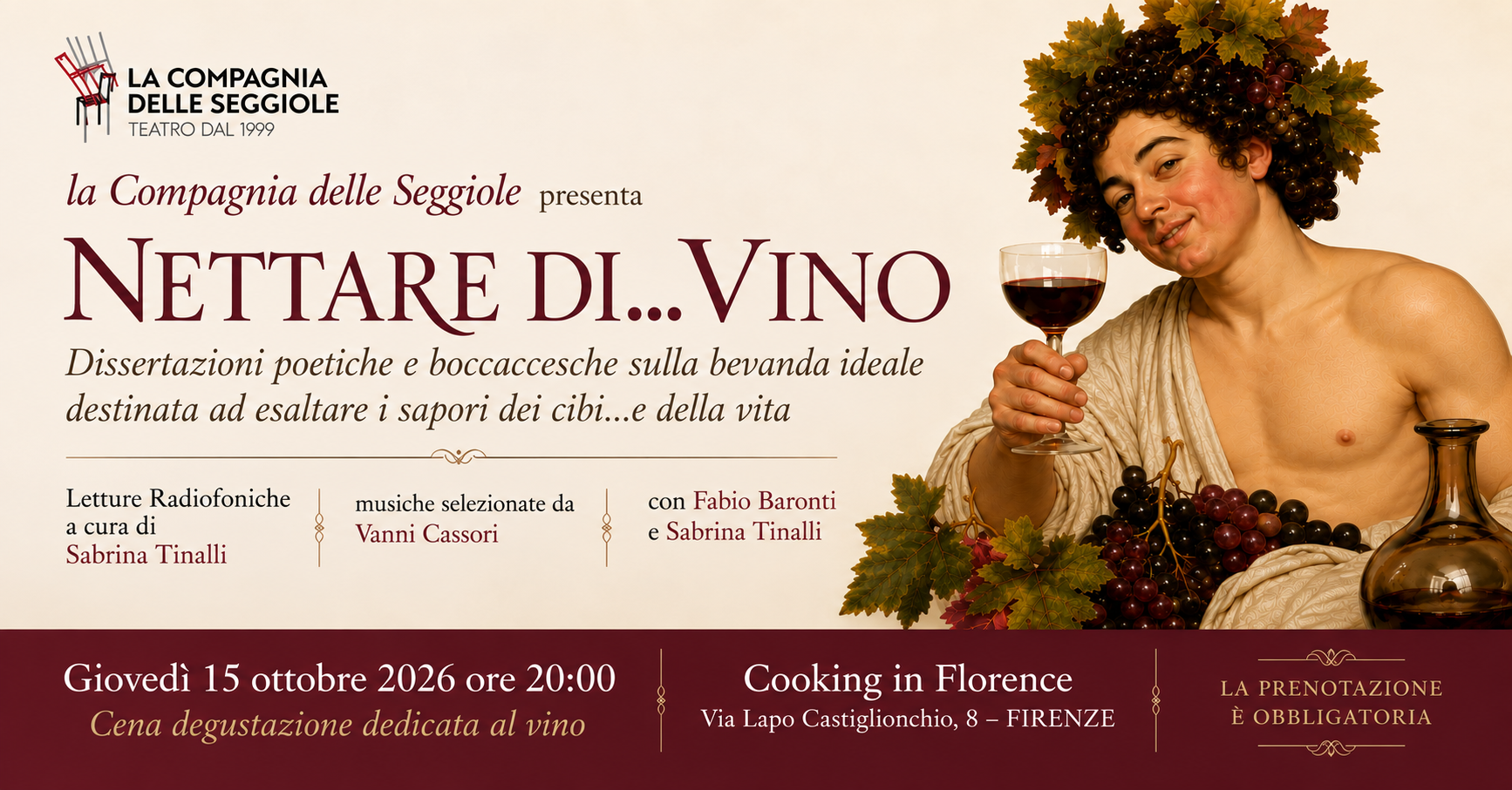 Nettare di…Vino con La Compagnia delle Seggiole: giovedì 15 ottobre 2026 alle ore 20.00 da Cooking in Florence