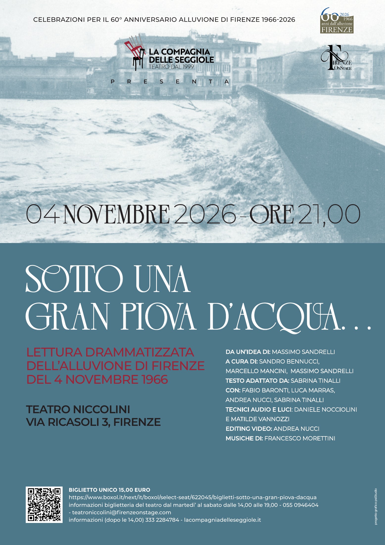 Locandina di Sotto una gran piova d’acqua… — 60° anniversario dell’alluvione di Firenze, 4 novembre 2026 al Teatro Niccolini